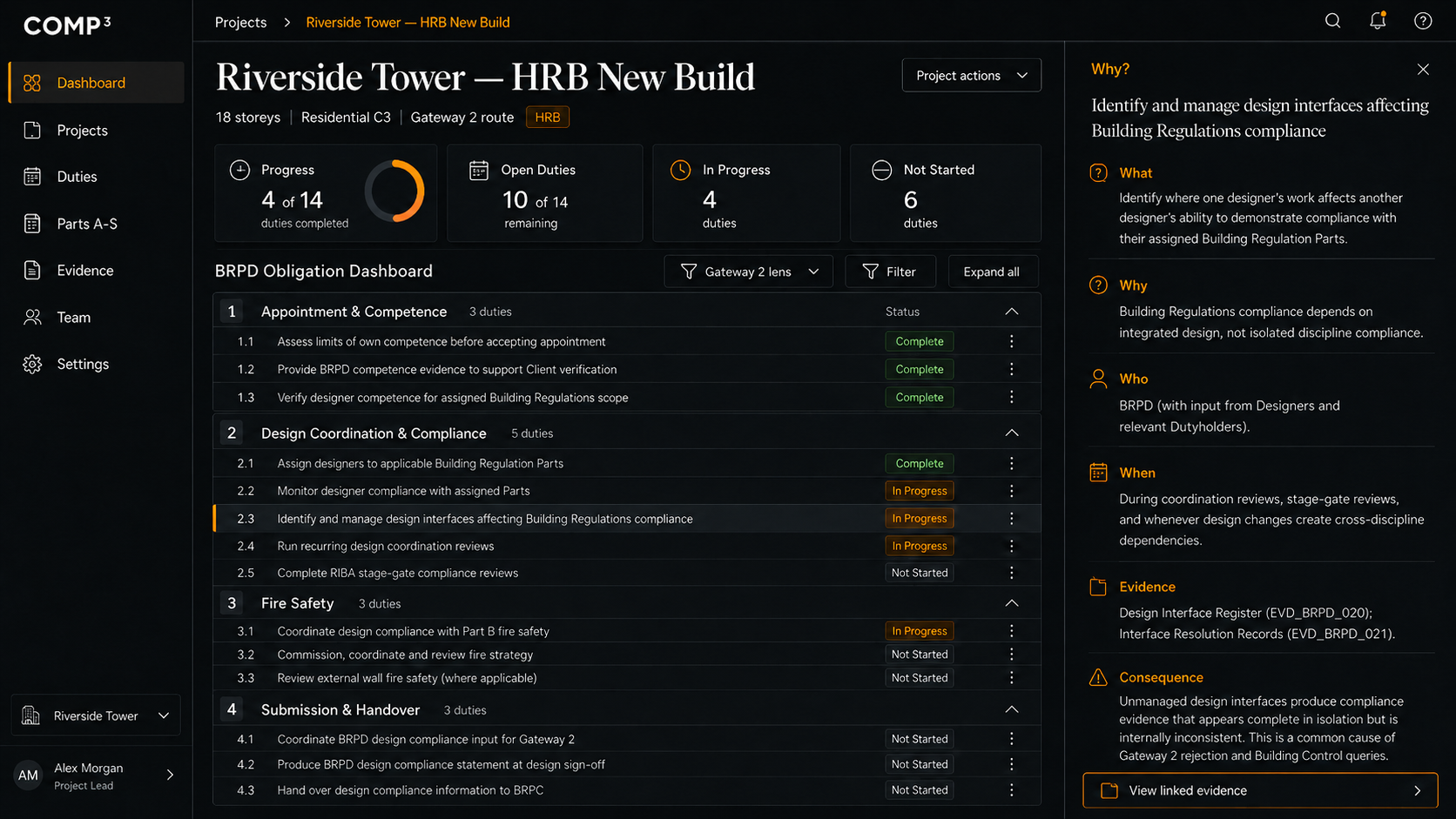 COMP³ BRPD Obligation Dashboard interface, showing Riverside Tower project with Parts A–T compliance tracking and a Why? drawer open on a duty.